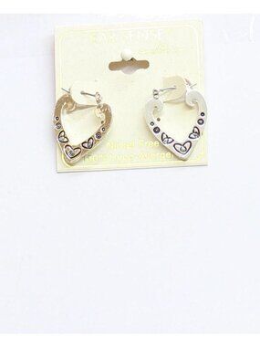NWT Ear Sense Womens Fashion Dangly Heart Hoops Engraved Earrings Silver Gray 1"